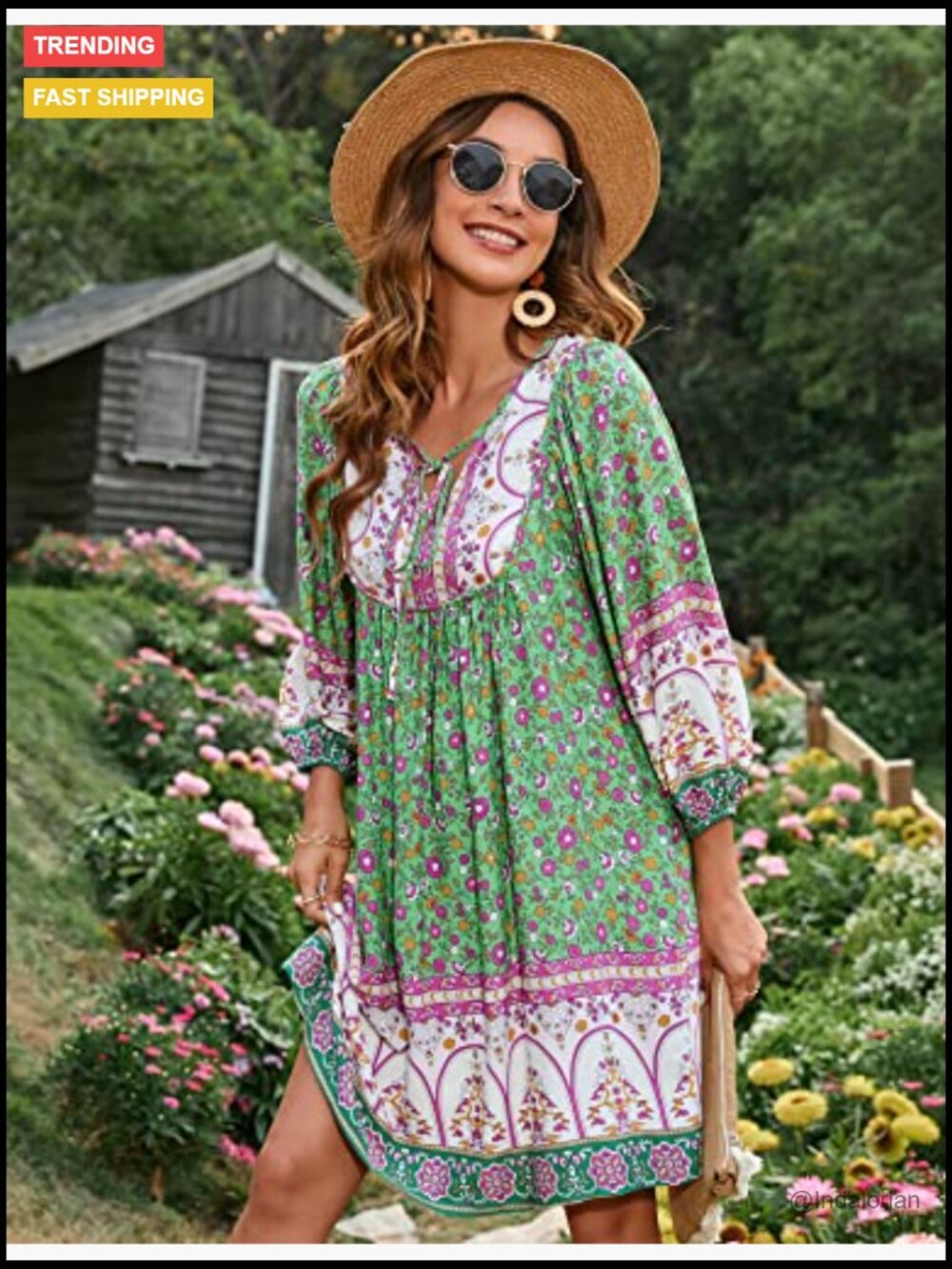 V Neck 3/4 Sleeve Floral Print Babydoll Dress with Pockets - Picture 2 of 7